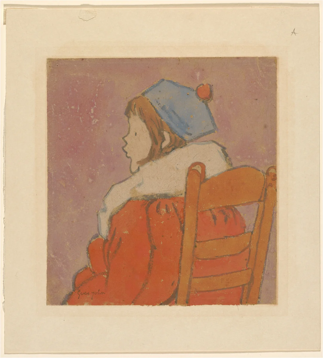Petit profil (Seated Girl Wearing a Red Coat and a Blue Hat) by Gwen John, drawing, 1876-1939