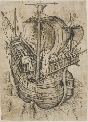 Three-Masted Ship Steering to the Right by Master W, print, 1460-1480