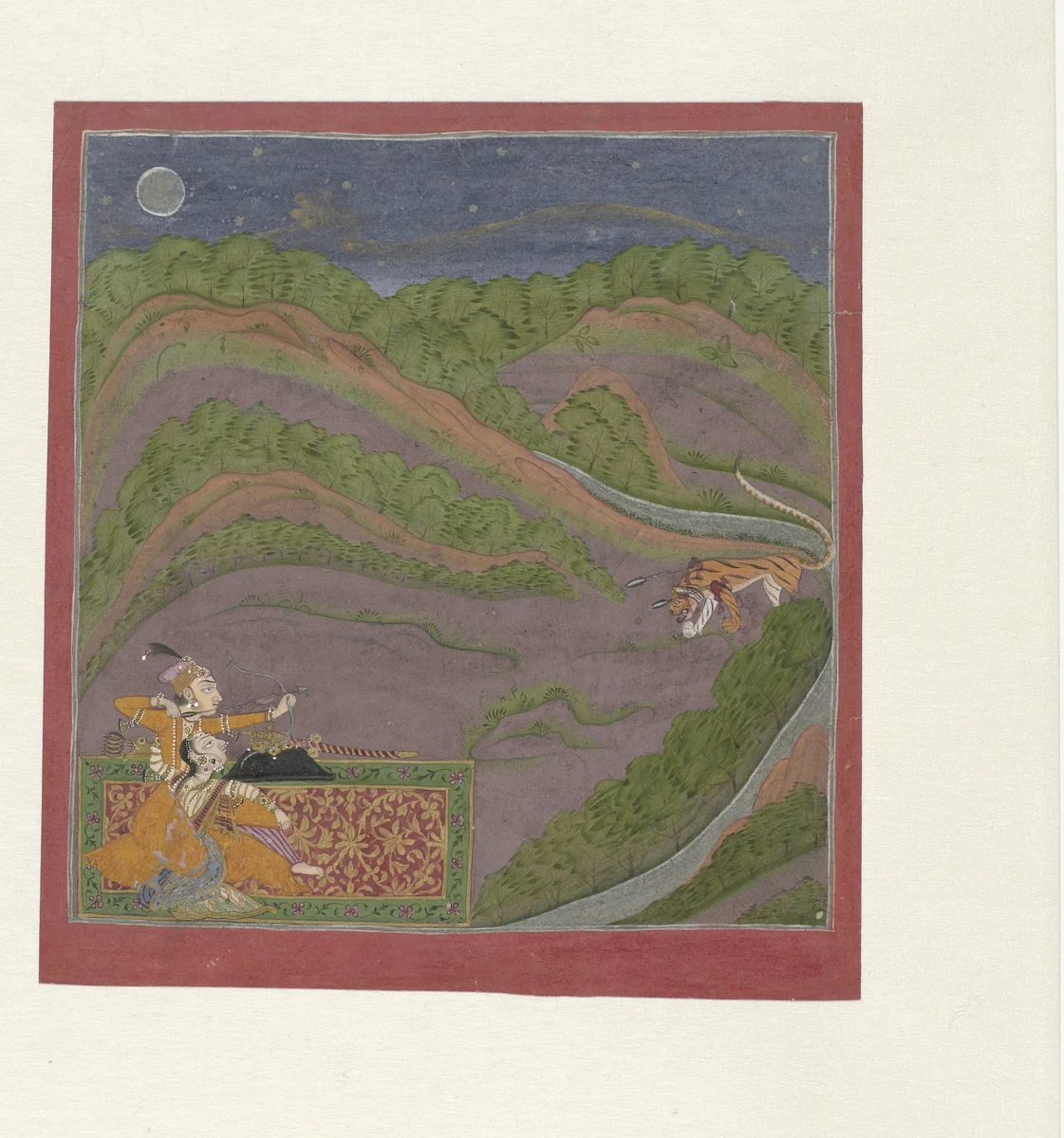 Paar in een nachtelijk landschap met een tijger by anonymous, drawing, 1725-1735