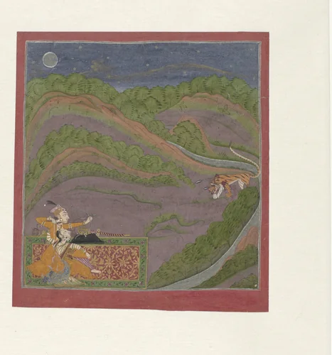 Paar in een nachtelijk landschap met een tijger by anonymous, drawing, 1725-1735