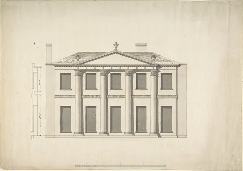 Design for a Building Façade of Two Storeys and Five Bays, with a Pediment and an Adamesque Portico, Elevation and Wall Plan by anonymous, drawing, 1700-1800