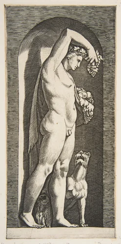 Bacchus standing in a niche holding grapes in his raised right hand, fruit in his left hand, a dog lower right by Marco Dente, print, 1510-1532