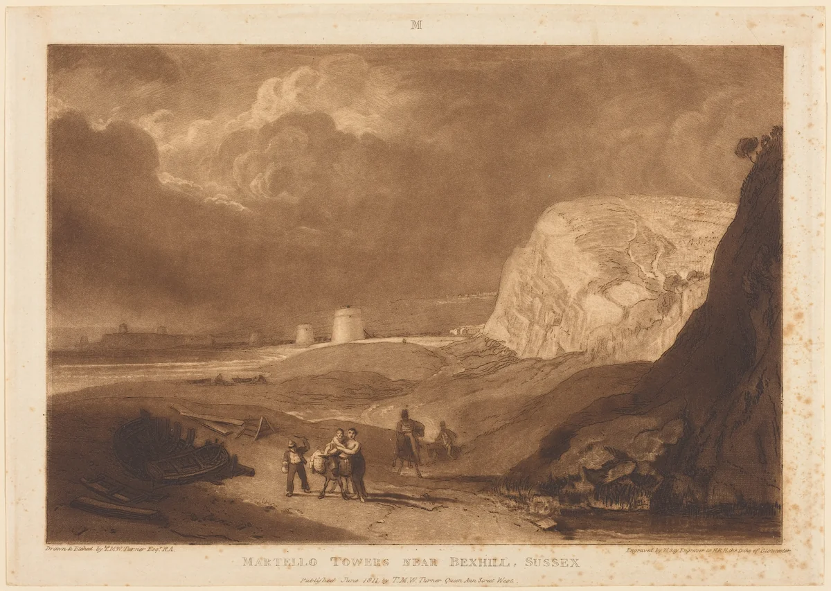 Martello Towers near Bexhill, Sussex by Joseph Mallord William Turner, print, 1811