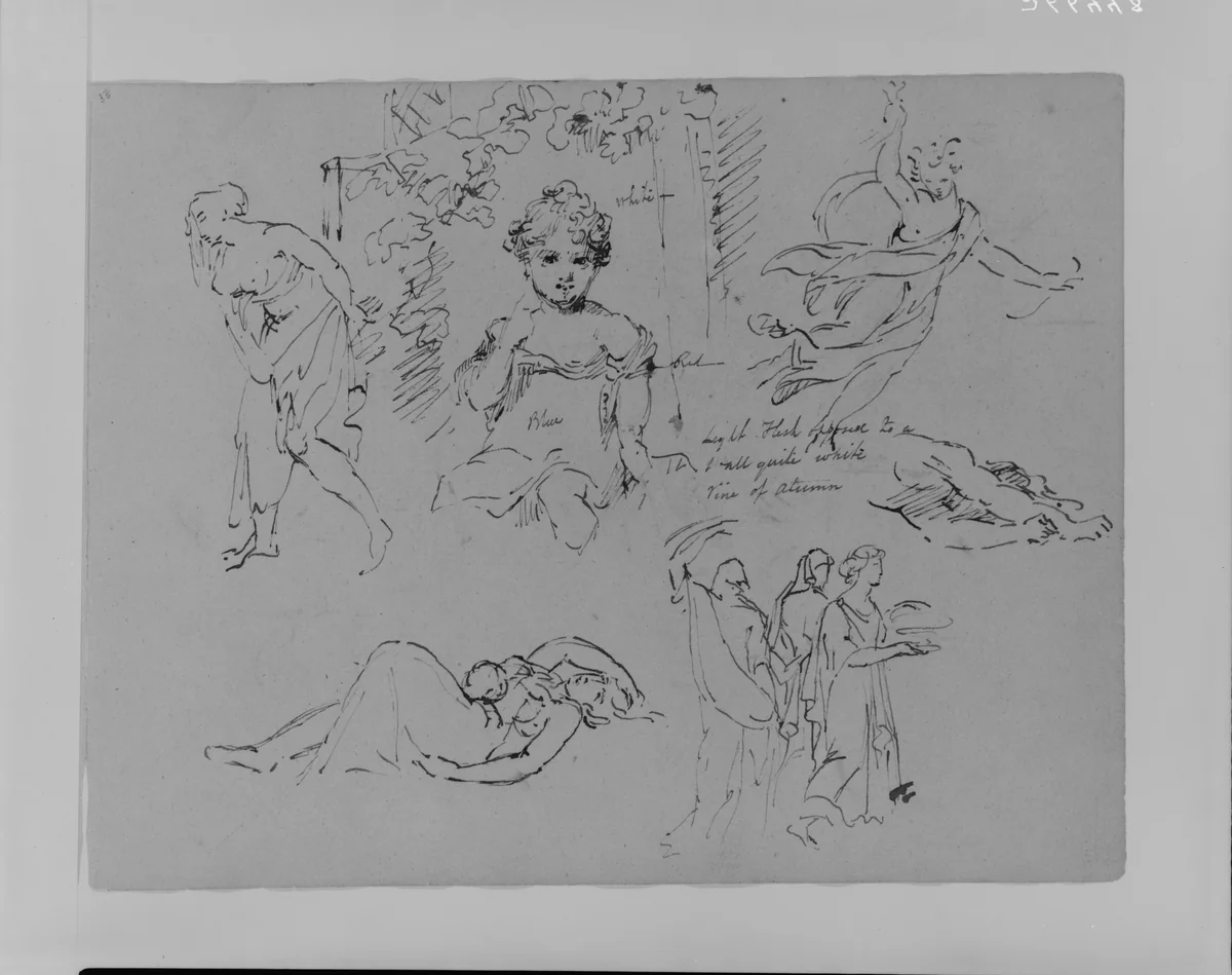 Portrait of Girl in Flower Bower, Walking Draped Female Figure, Angel, Dead Mother and Child, Three Draped Figures (from Sketchbook) by Thomas Sully, artwork, 1810-1820