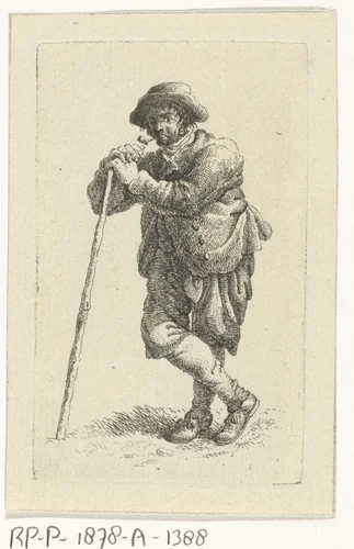 Rokende man, leunend op een wandelstok by François Joseph Pfeiffer, print, 1793-1835