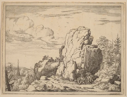 Two Men Seated at the Foot of a High Rock by Allart van Everdingen, print, 1645-1656
