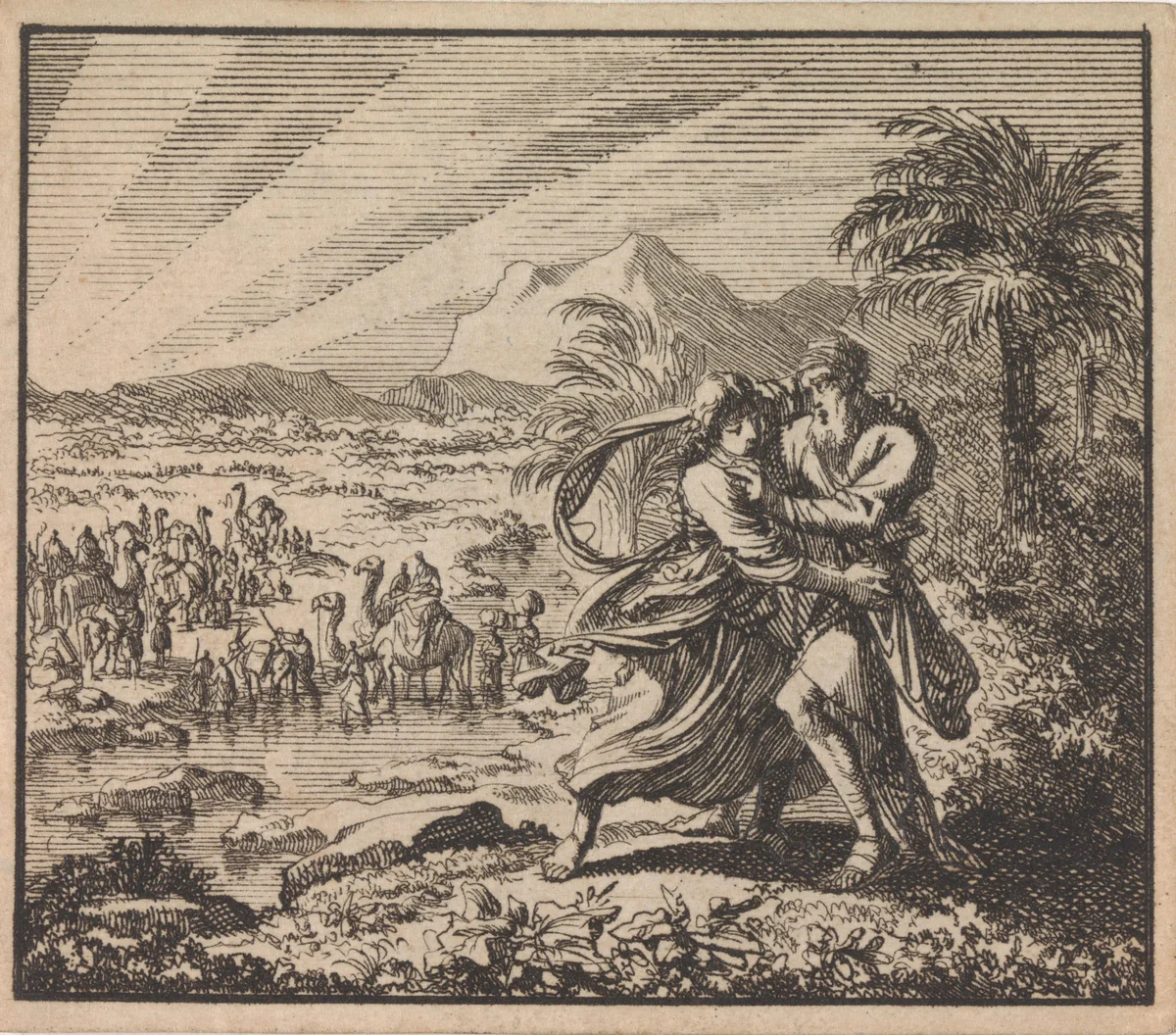 Jakob worstelt met de engel by Jan Luyken, print, 1698