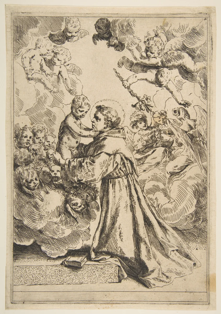 Saint Anthony of Padua adoring the Christ Child in Glory, copy after Cantarini by Simone Cantarini, print, 1635-1700