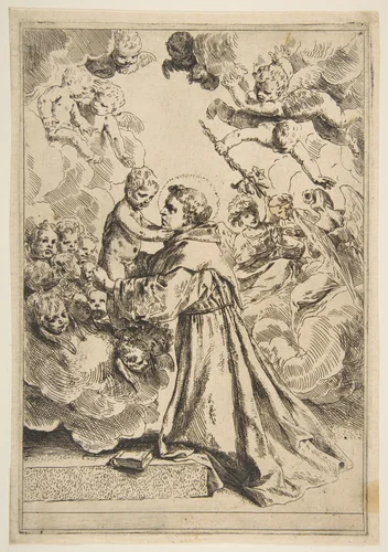 Saint Anthony of Padua adoring the Christ Child in Glory, copy after Cantarini by Simone Cantarini, print, 1635-1700