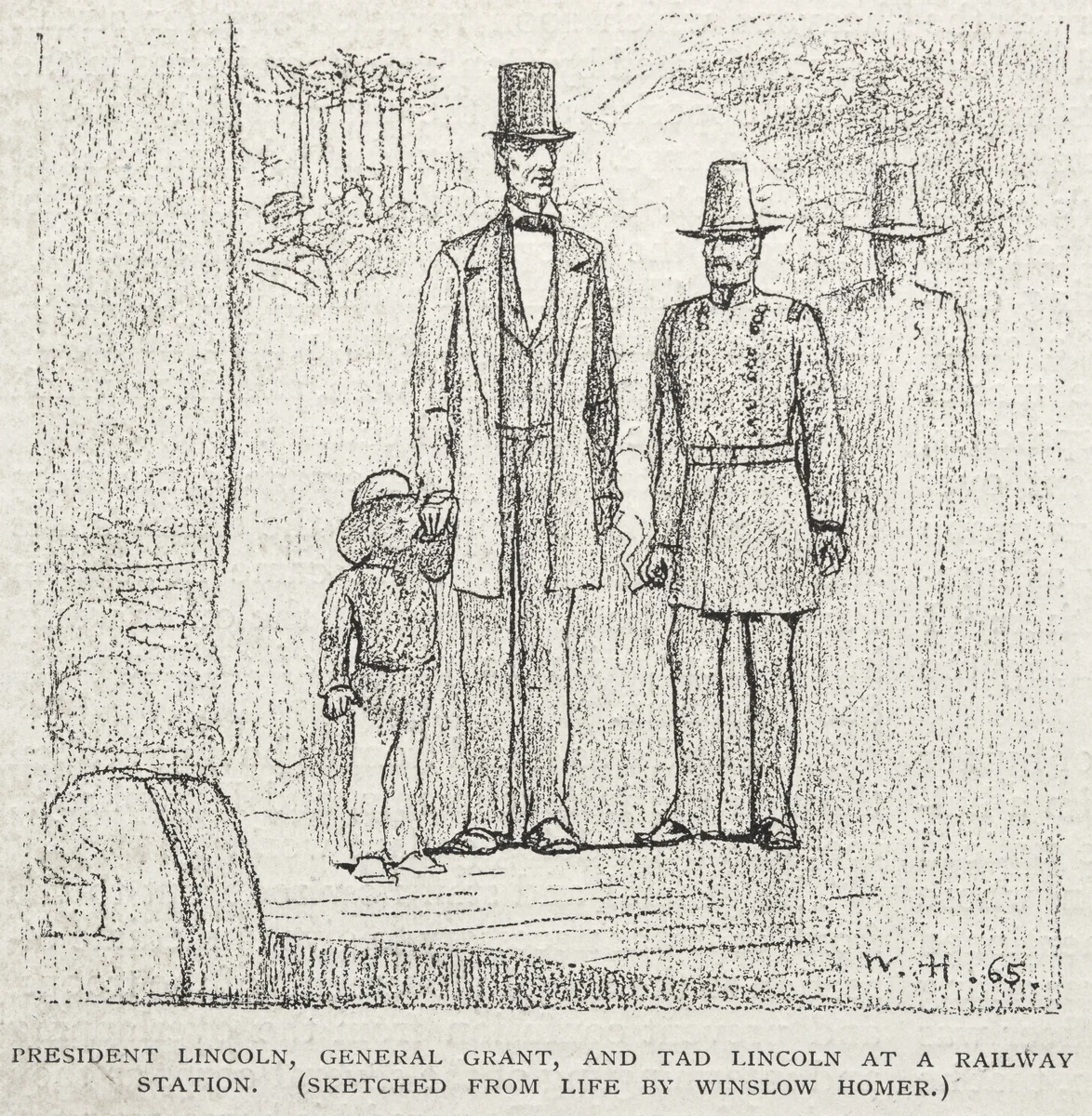 President Lincoln, General Grant, and Tad Lincoln at a Railway Station by Winslow Homer, print, 1887