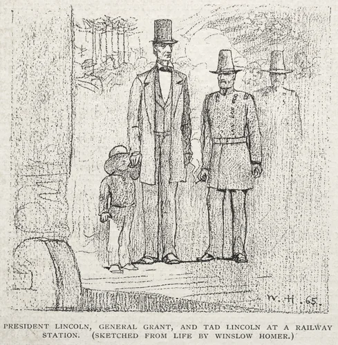 President Lincoln, General Grant, and Tad Lincoln at a Railway Station by Winslow Homer, print, 1887
