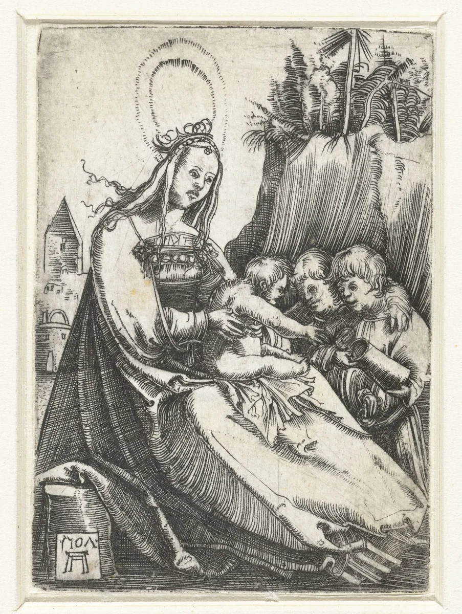 Maria met het Christuskind en twee jongetjes by Unknown, print, 1507