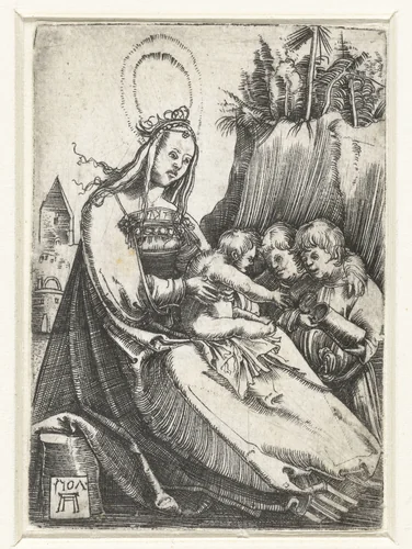 Maria met het Christuskind en twee jongetjes by Unknown, print, 1507