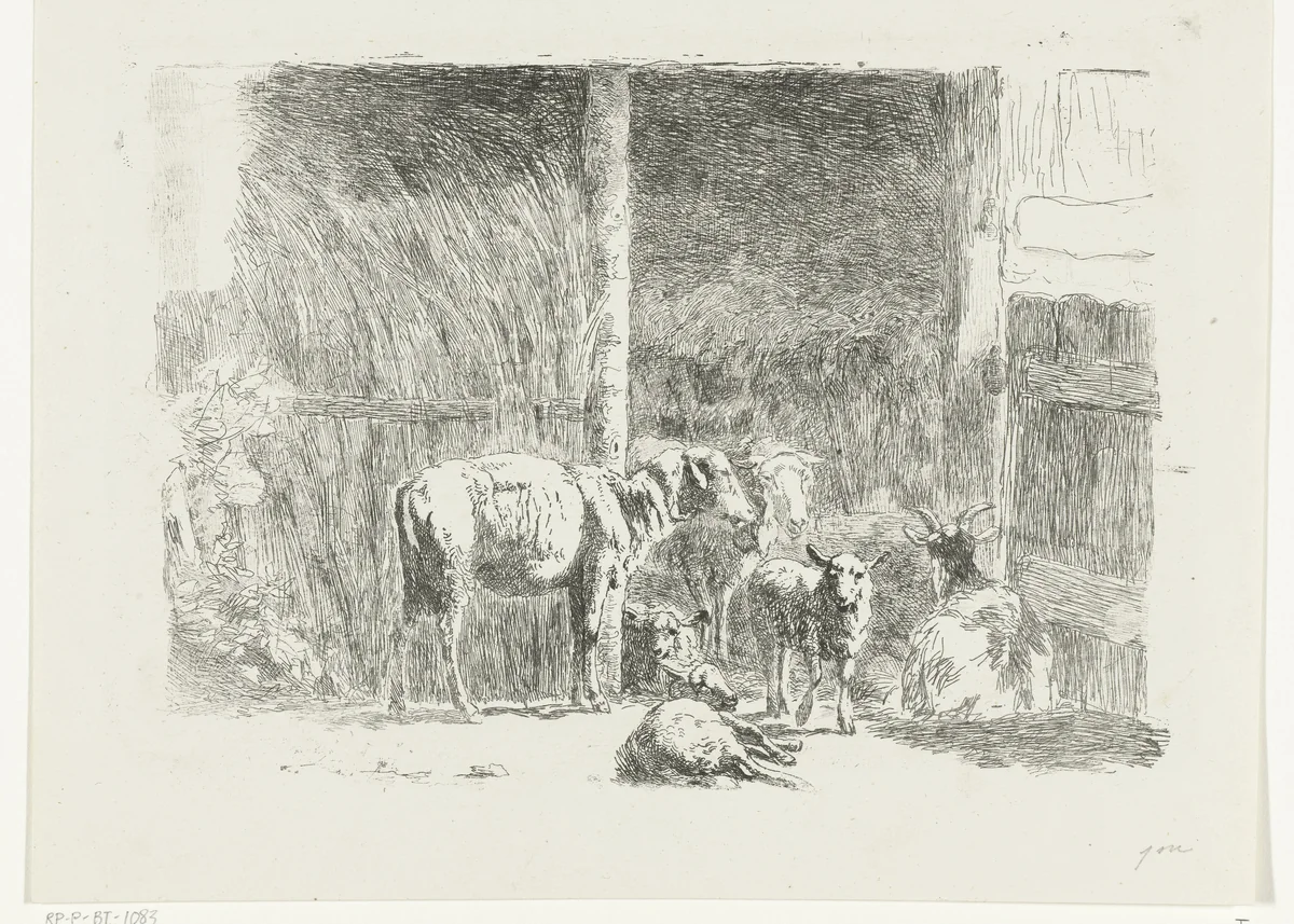 Schapen en lammeren en liggende bok bij stal by Simon van den Berg, print, 1822-1899