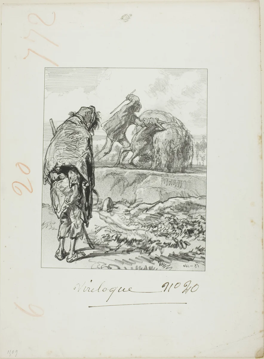 Les Propos de Thomas Vireloque: Michael paying wages to his servant (beating him) by Paul Gavarni, print, 1853