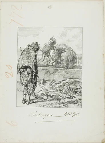 Les Propos de Thomas Vireloque: Michael paying wages to his servant (beating him) by Paul Gavarni, print, 1853