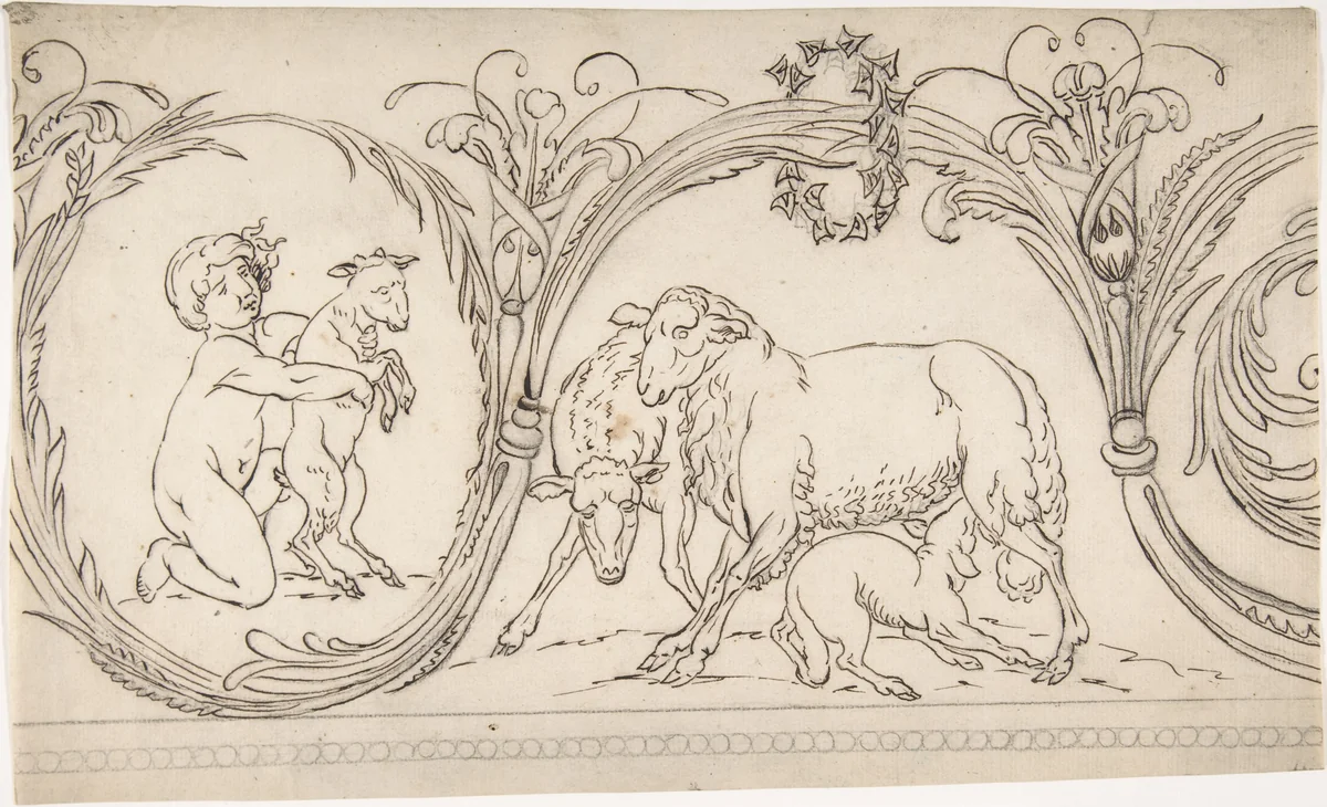 Ornament Containing a Boy and some Sheep by anonymous, drawing, 1775-1825