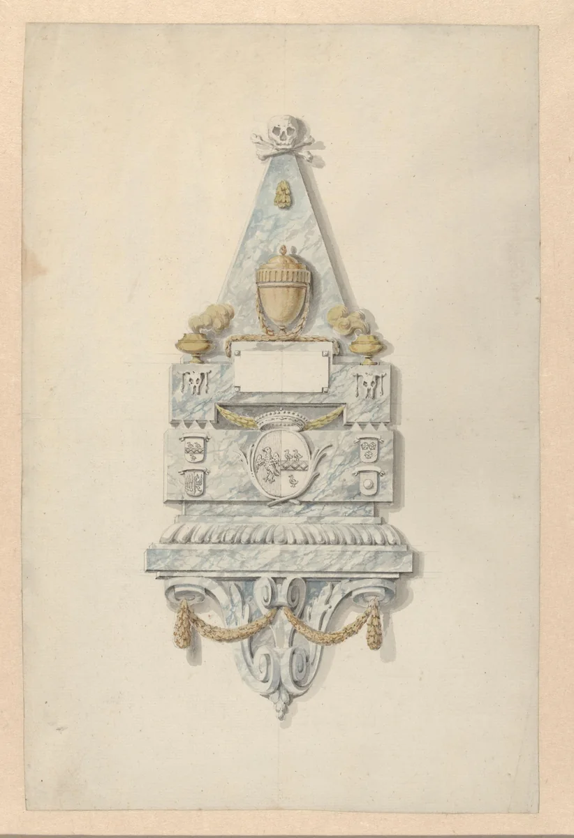 Grafmonument met alliantiewapen en vier kwartierwapens by anonymous, drawing, 1700-1900