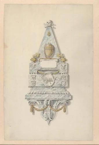 Grafmonument met alliantiewapen en vier kwartierwapens by anonymous, drawing, 1700-1900