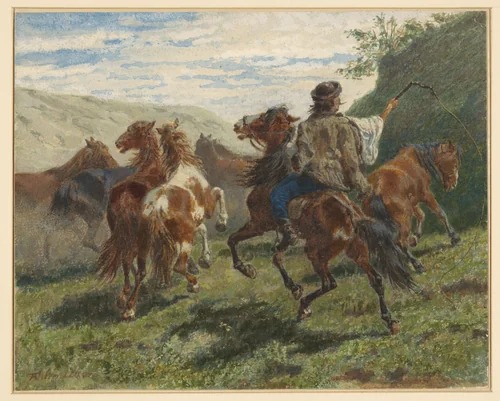 Hongaarse ruiter drijft een aantal paarden naar de achtergrond by F. Smithson, drawing, 1840-1863