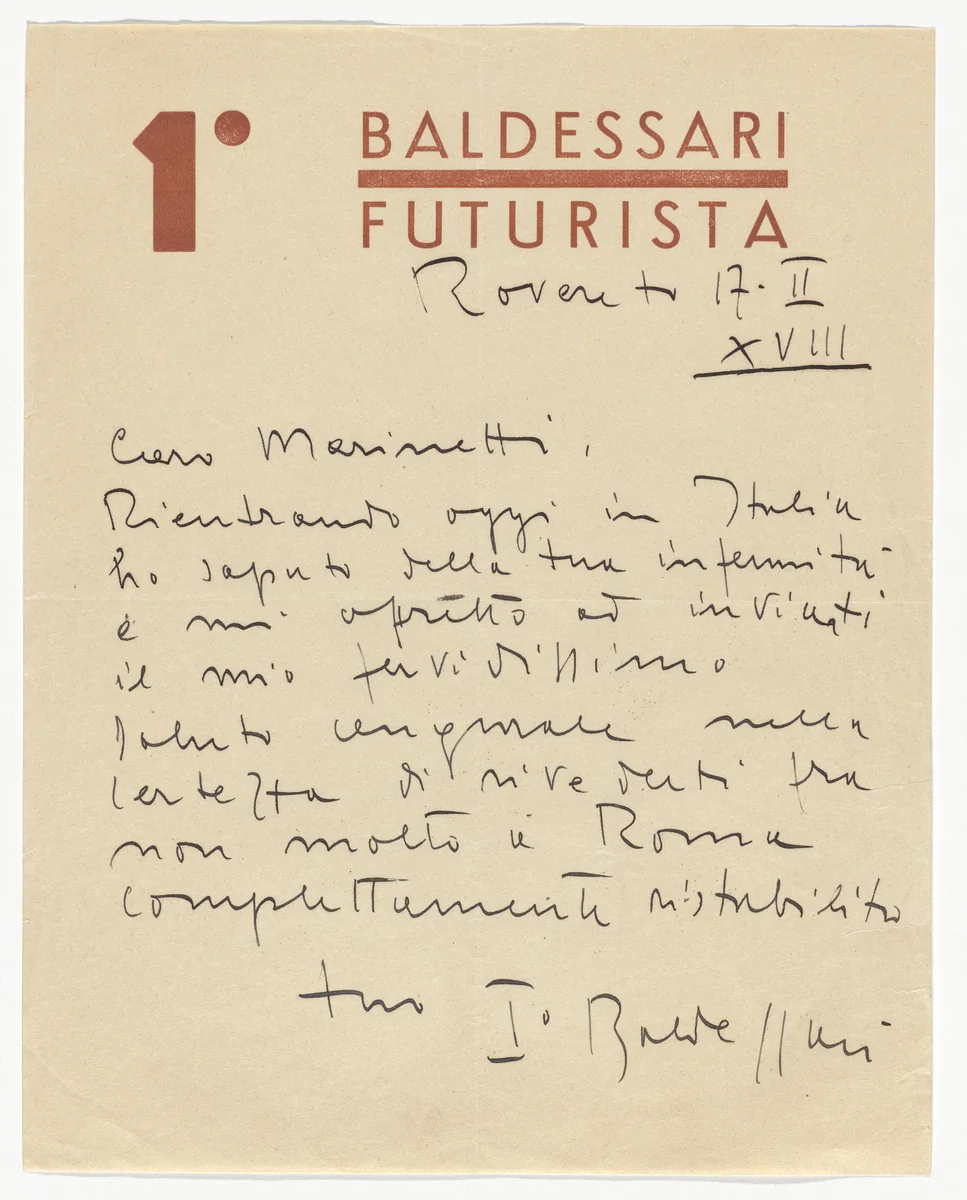 Roberto Iras Baldessari letterhead (Letter from Baldessari to Marinetti) by Roberto Iras Baldessari, design, 1918