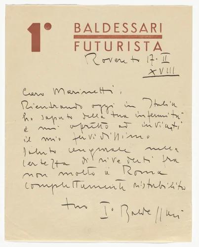 Roberto Iras Baldessari letterhead (Letter from Baldessari to Marinetti) by Roberto Iras Baldessari, design, 1918