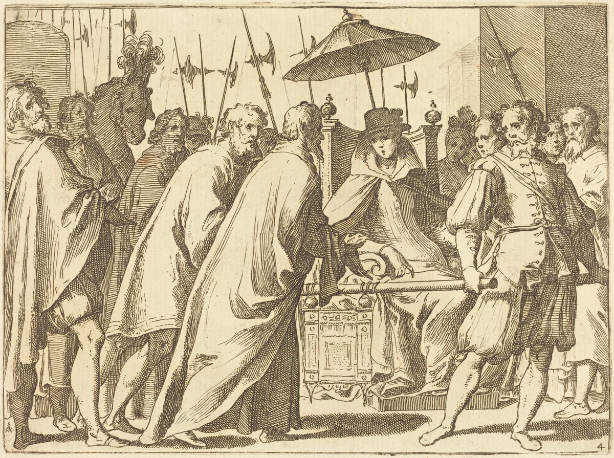 Margaret of Austria Being Carried in a Chaise by Raffaello Schiaminossi, print, 1612