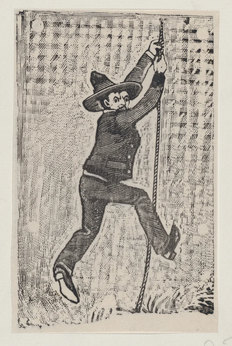 Jesús Bruno Martinez escaping from jail, from a broadside entitled 'La Fuga de Jesús Bruno Martinez de la Gárcel de Belen' by José Guadalupe Posada, print, 1875-1885