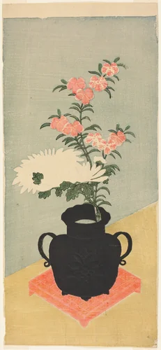 White Chrysanthemums and Pinks in a Black Vase by Ippitsusai Buncho, print, 1760-1775