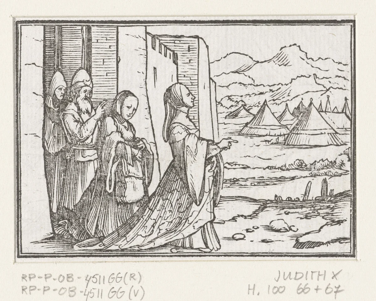 Judit en haar dienstmaagd gaan op weg naar Holofernes by Hans Holbein, print, 1538