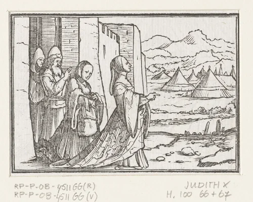 Judit en haar dienstmaagd gaan op weg naar Holofernes by Hans Holbein, print, 1538