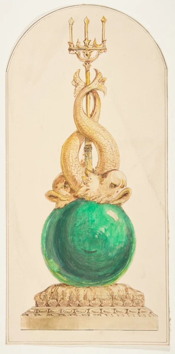 Ornament Design with a Trident and Two Fish by anonymous, drawing, 1800-1899