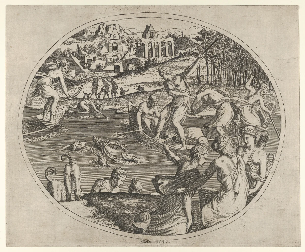 Diana and Her Nymphs Pursuing a Stag, from "Three Prints on Hunting and Fishing" by Léon Davent, print, 1547