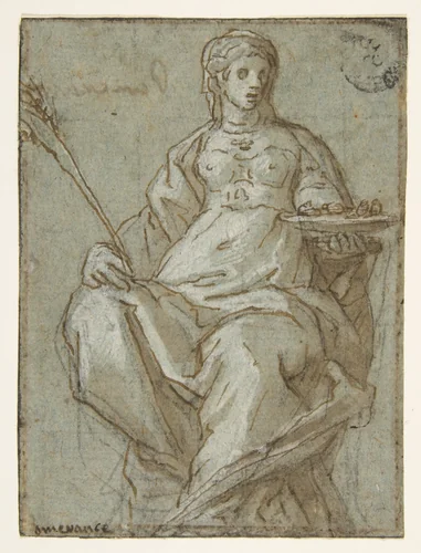 Allegorical Female Figure Holding a Branch and a Dish by Lazzaro Tavarone, drawing, 1556-1641