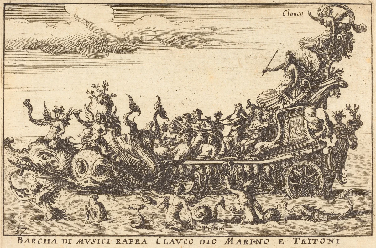 Barcha di musici rapra Clauco dio Marino e Tritoni by Balthasar Moncornet
Remigio Cantagallina, print, 1600-1668