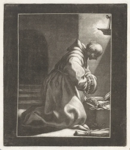 Biddende kluizenaar by Wallerant Vaillant, print, 1658-1677