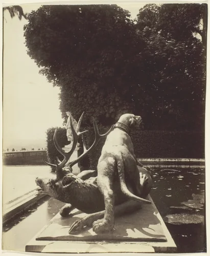 Versailles, Fontaine de Point du Jour, (Limier Abattant un Cerf par Houzeau) by Jean-Eugène-Auguste Atget, photograph, 1903