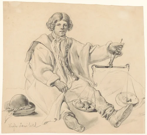 Zittende Kroatische uienverkoper by Carl Goebel, drawing, 1834-1899
