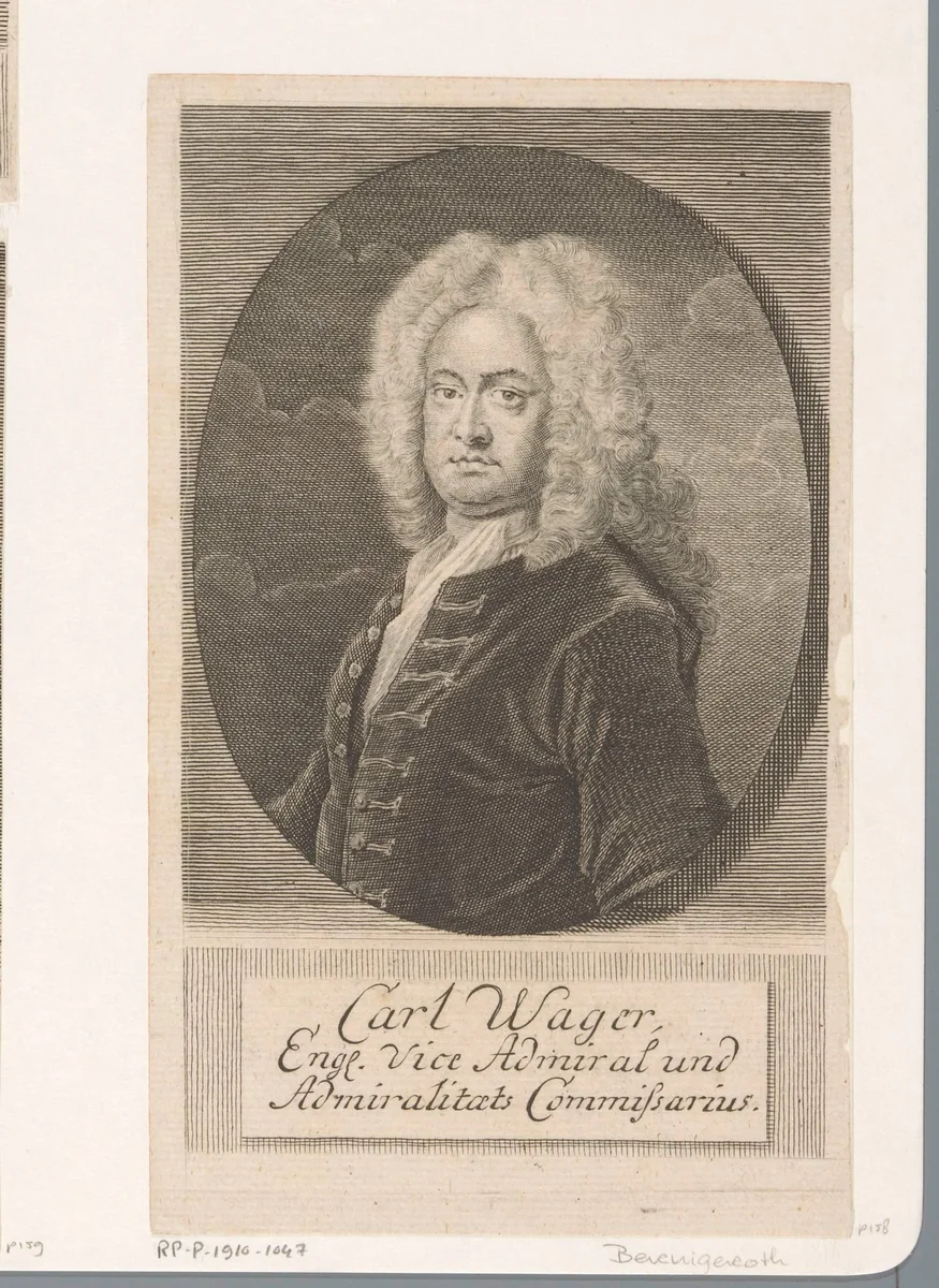 Portret van Charles Wager by Martin Bernigeroth, print, 1728