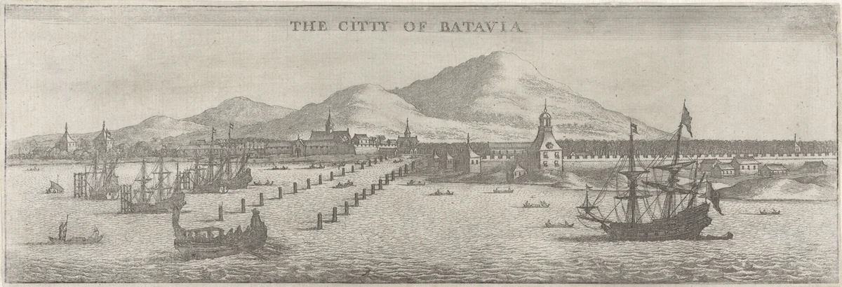 Gezicht op Batavia met schepen by Wenceslaus Hollar, print, 1669