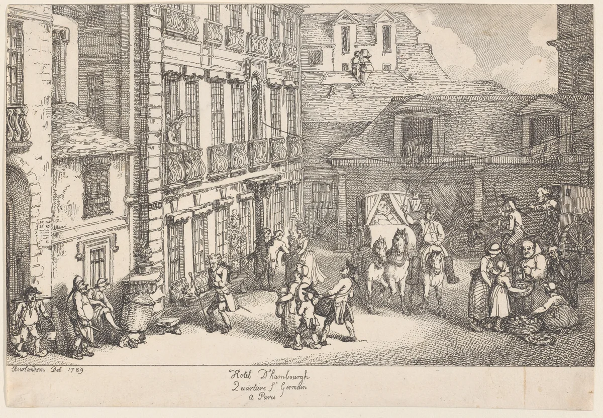 Hotel d'Hambourgh, Quartiere St. Germain a Paris by Thomas Rowlandson, print, 1789