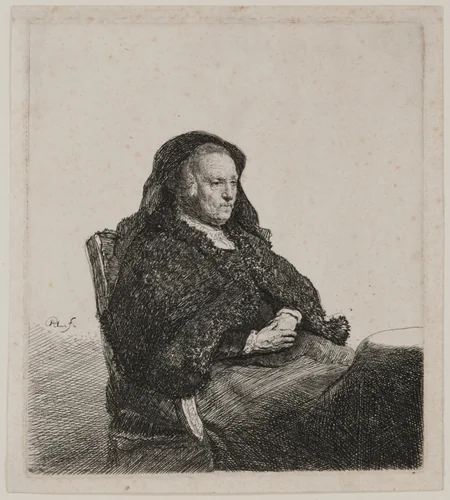 The Artist's Mother Seated at a Table, Looking Right: Three Quarter Length by Rembrandt van Rijn, print, 1626-1636