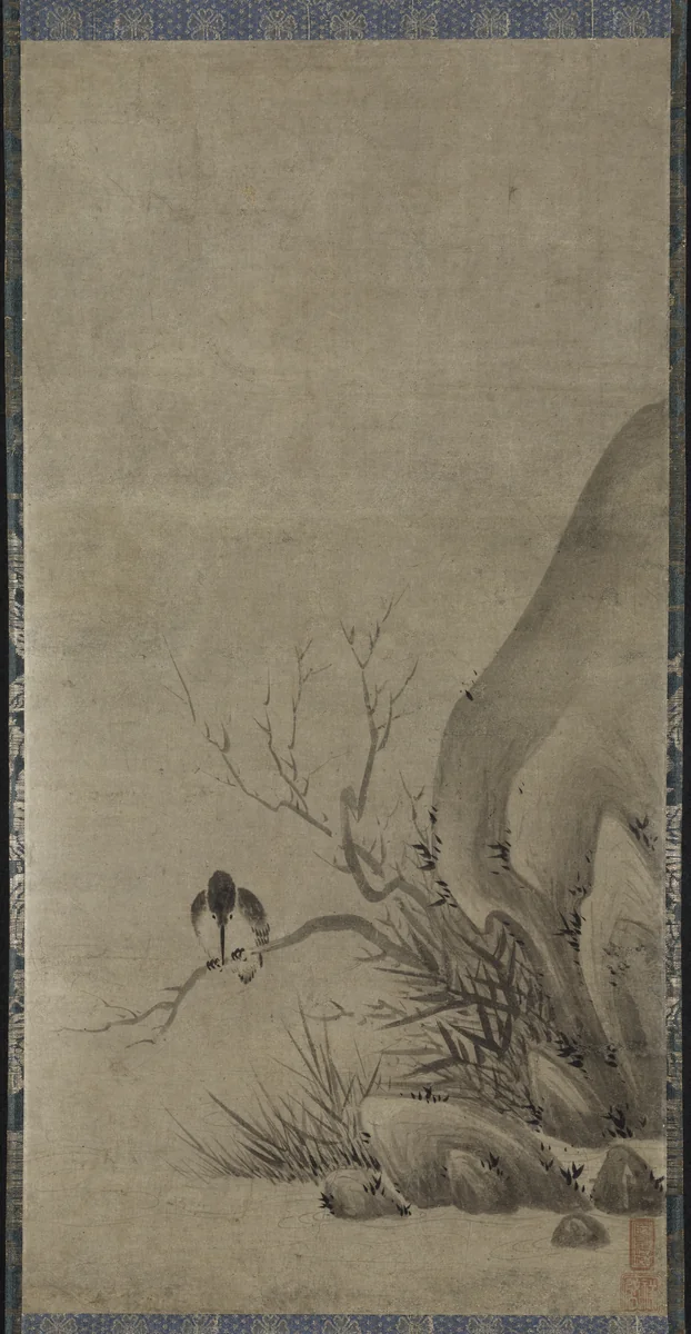 Kingfisher Perched above a Stream by Kenkō Shōkei (賢江祥啓), painting, 1460-1499