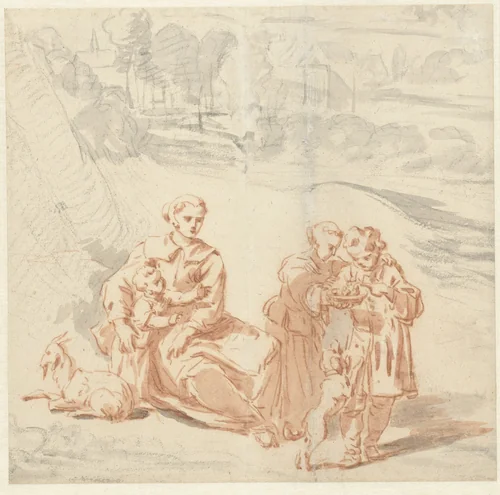 Vrouw met kinderen in een landschap by Jan Miel, drawing, 1610-1663