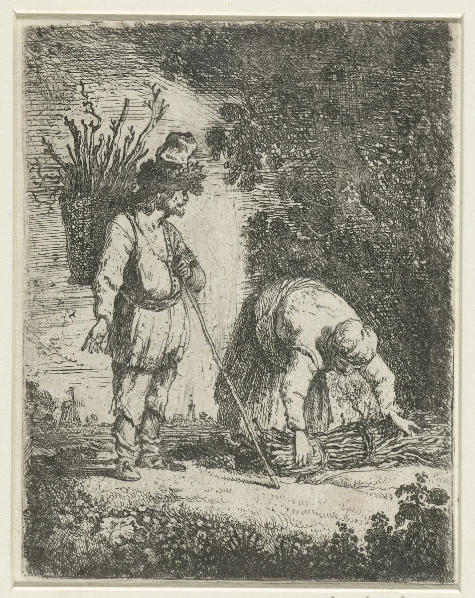 Man en een vrouw sprokkelen hout by anonymous, print, 1630-1700