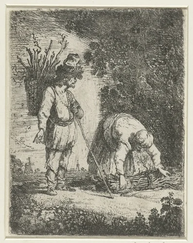 Man en een vrouw sprokkelen hout by anonymous, print, 1630-1700