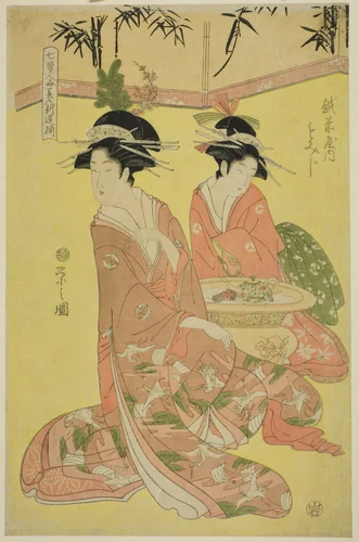 Beauties Parodying the Seven Sages - A Selection of Younger Courtesans (Shichi kenjin yatsushi bijin shinzo zoroe): Momiji of the Echizenya by Chobunsai Eishi, print, 1788-1798