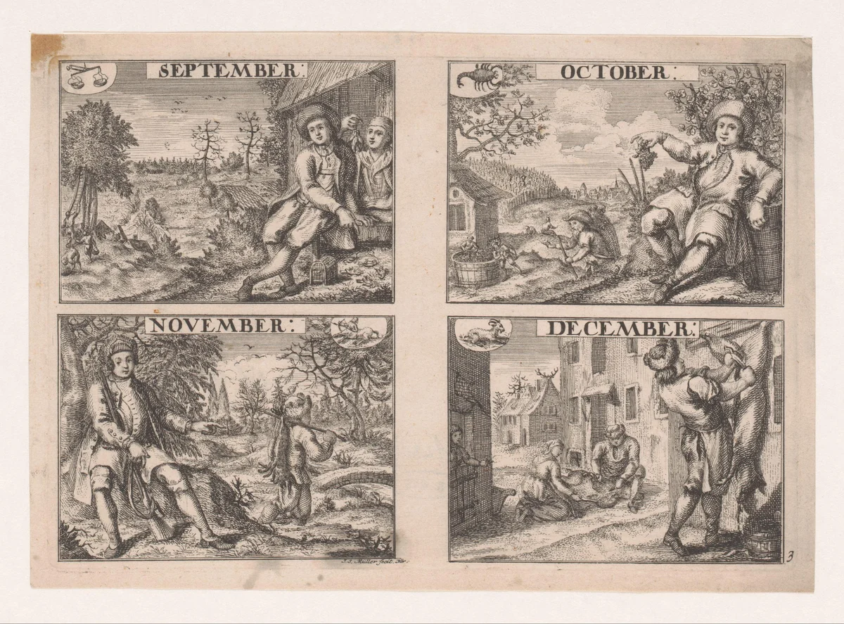 September, oktober, november en december by John Miller, print, 1700-1799