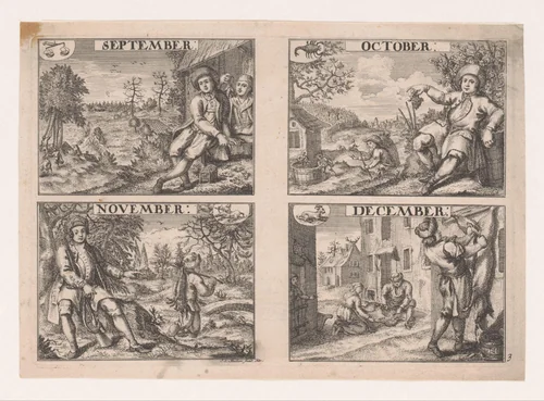 September, oktober, november en december by John Miller, print, 1700-1799