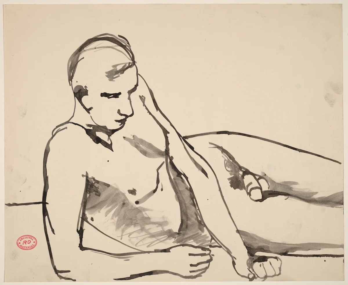 Untitled [reclining nude leaning on his right arm] by Richard Diebenkorn, drawing, 1955-1967